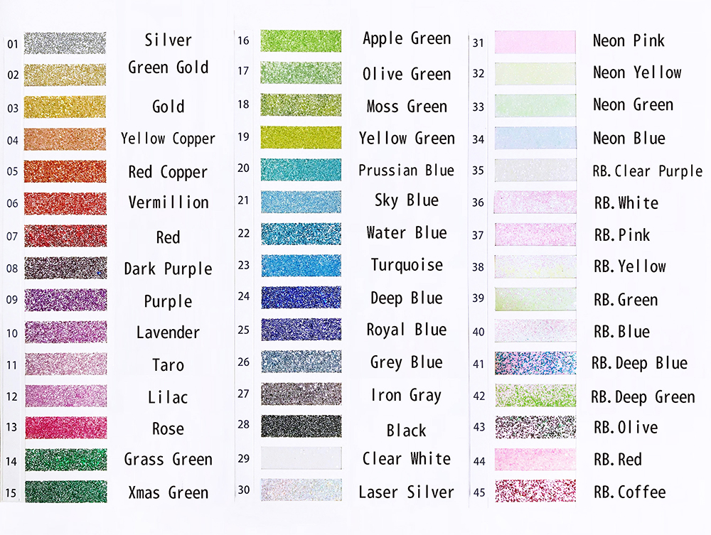 45 colores de purpurina biodegradable disponibles
